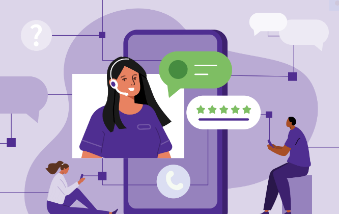 An illustration of a customer service representative wearing a headset on a smartphone screen, surrounded by speech bubbles, chat icons, and two people using mobile devices.