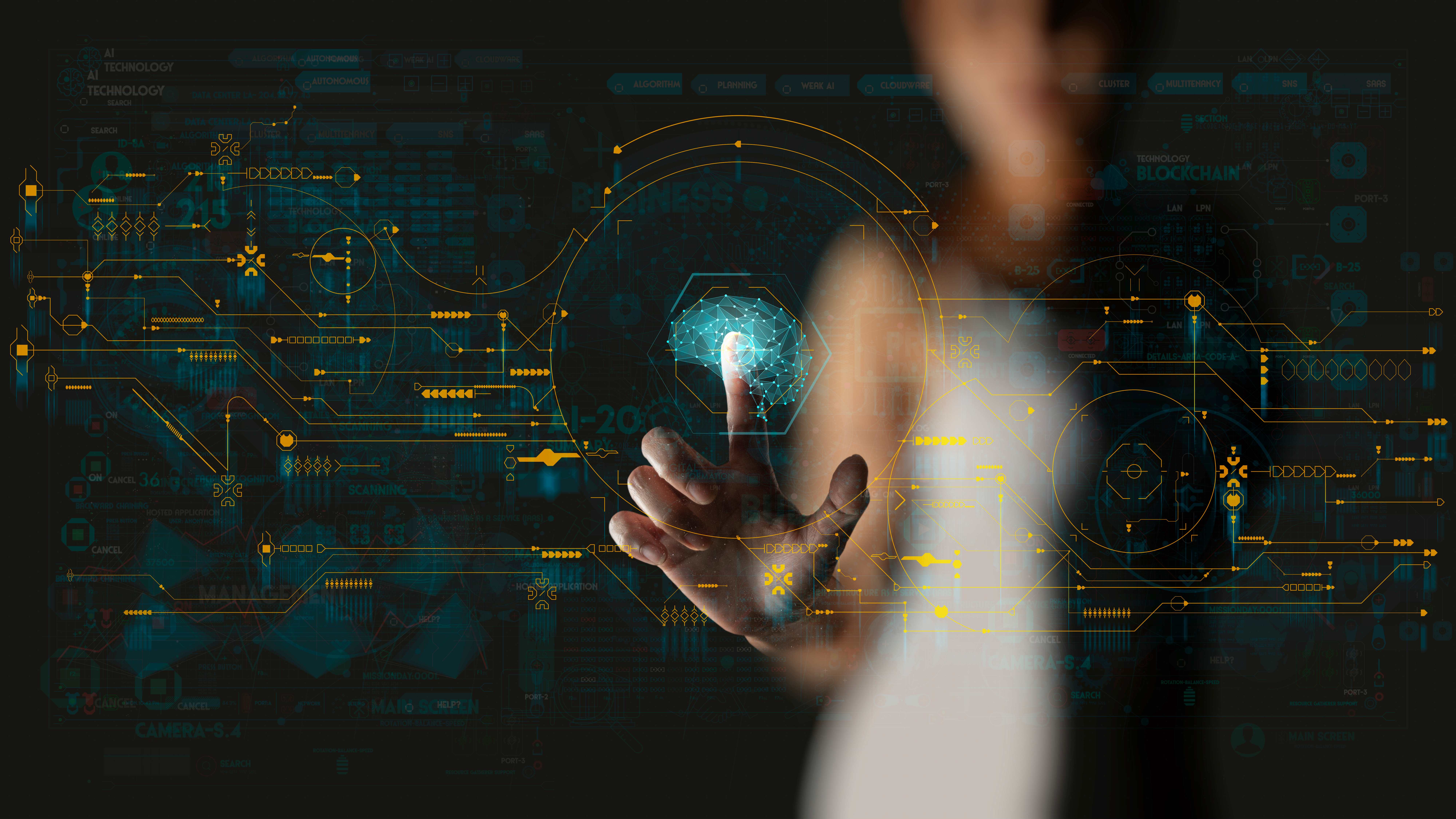 A person's hand interacts with a digital interface showing an abstract neural network. The network features geometric patterns, technical text, and icons.