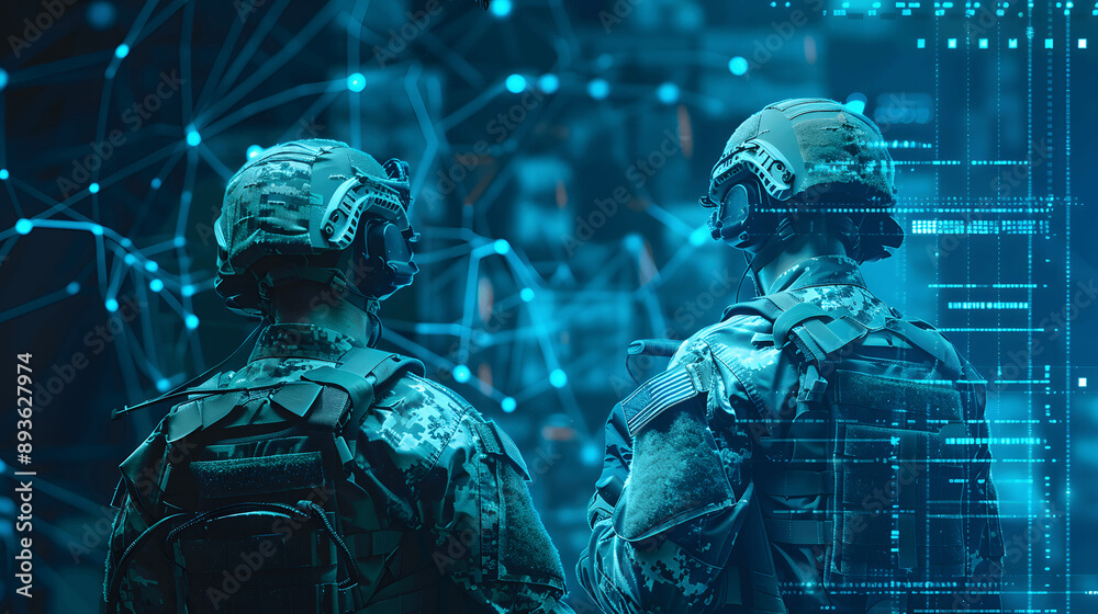 Military warfighters in uniform with digital, technology overlay