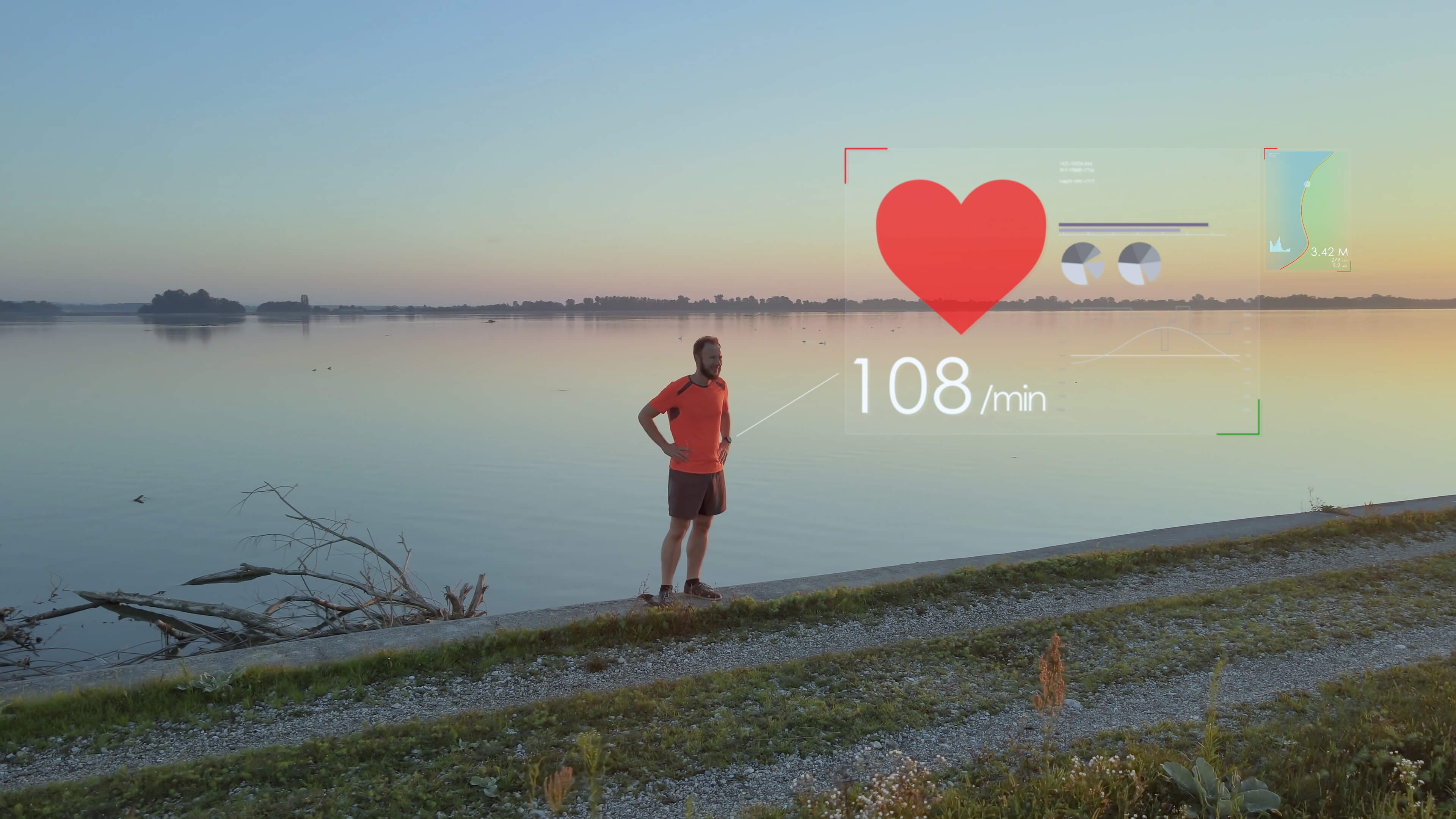 Runner checking smart watch health infographics on run, heart rate.