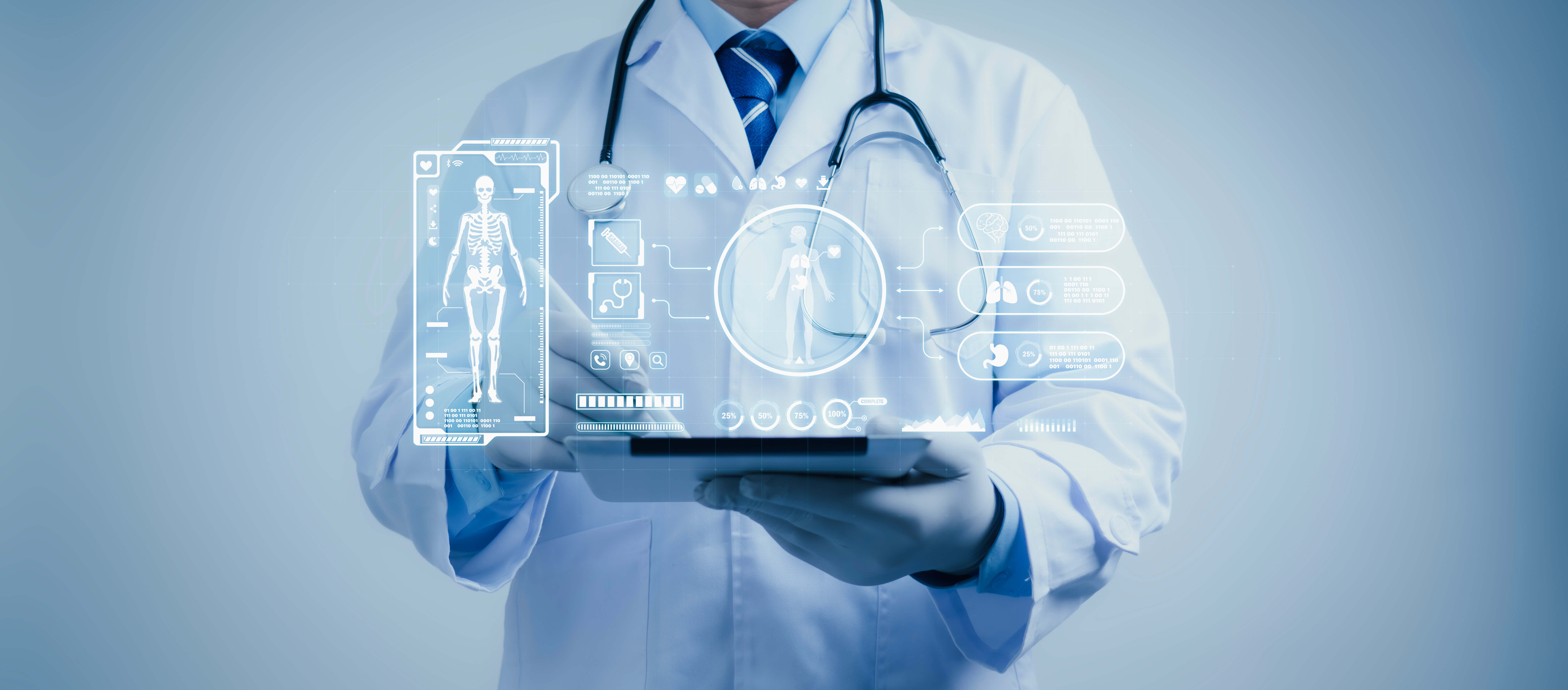 Doctor work on tablet with experiences a virtual interface with human body analysis.