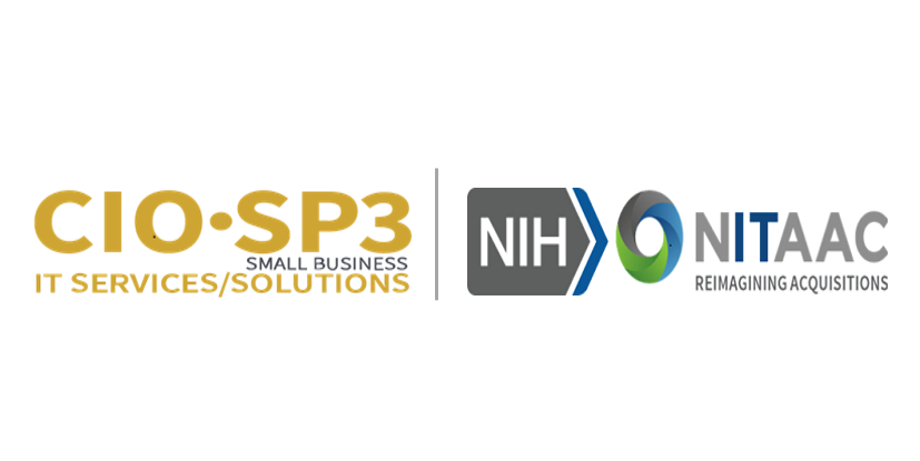 CIO, SP3 small business It services/solutions badge and NIH NITAAC Reimagining Acquisitions logo.