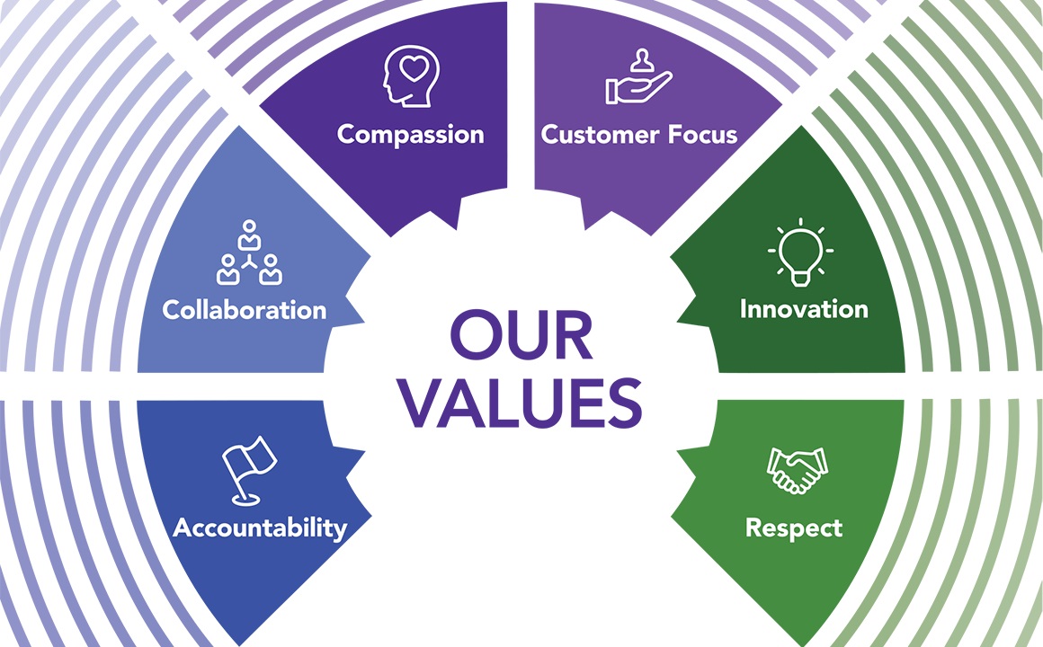 Accountability, Collaboration, Compassion, Customer Focus, Innovation, Respect