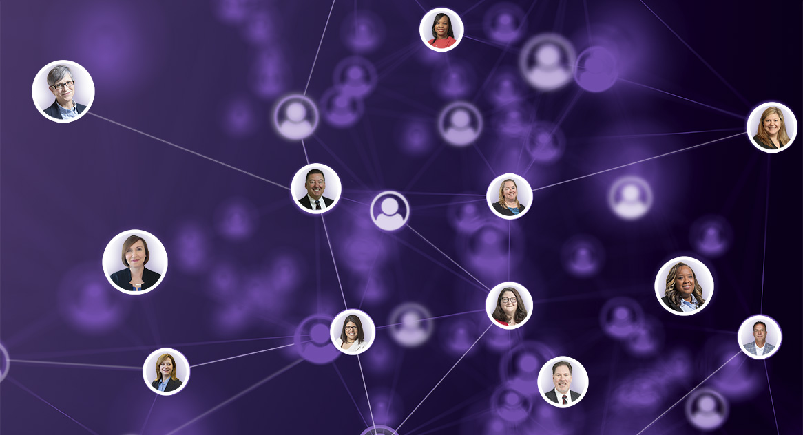 Purple data map of circular headshots connected by lines