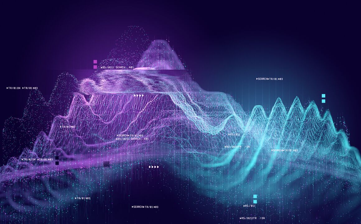 Dimensional data map with purple and teal waves on a dark background