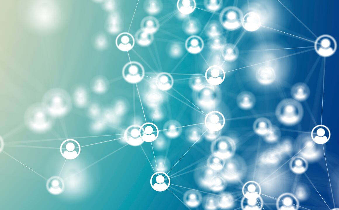 A web of circular people icons connected by lines on a blue and green background