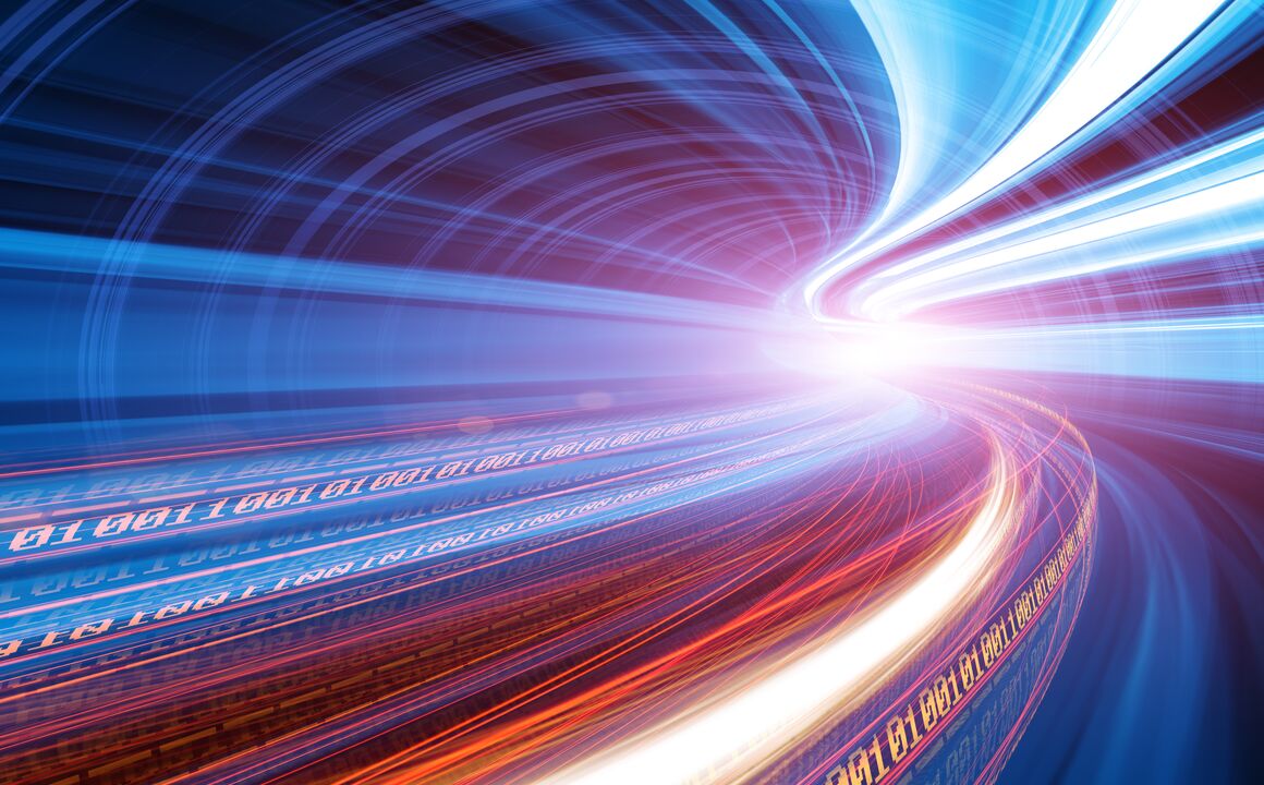 Streams of blue, white, yellow, and red ribbons of data converge on the horizon