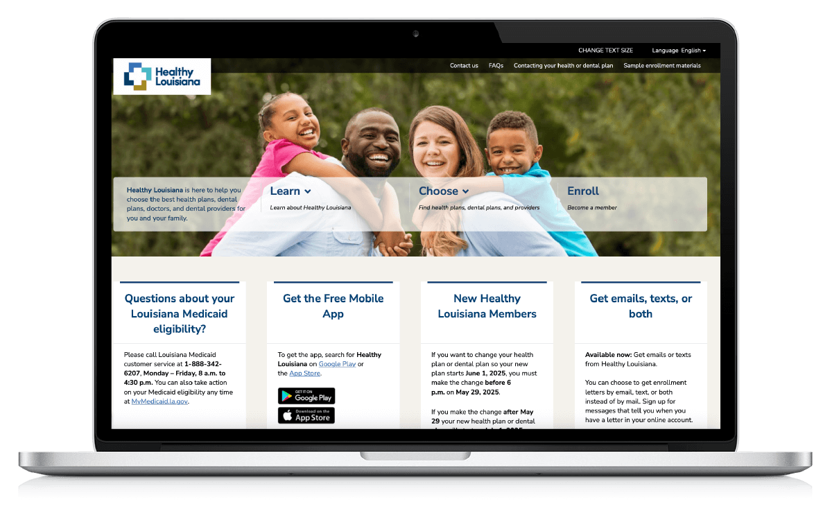 Healthy Louisiana Medicaid and CHIP website displayed on a laptop screen showing plan comparison and enrollment tools