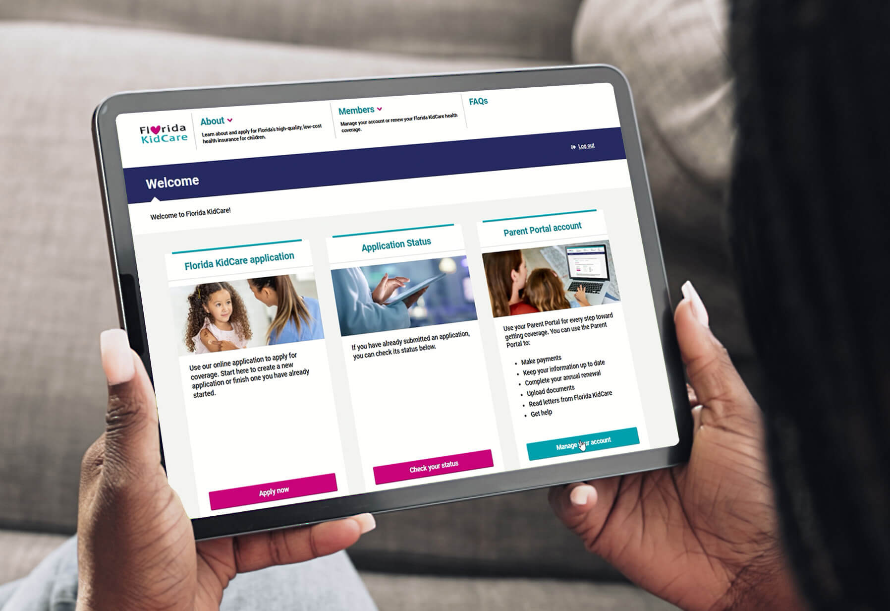 Hands of a woman holding a tablet as she uses the Florida KidCare Parent Portal to select health insurance for her child.