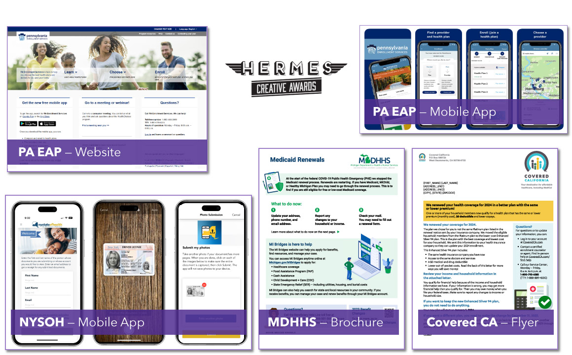 Screenshots of award-winning website, mobile apps, brochure, and flyer for government programs