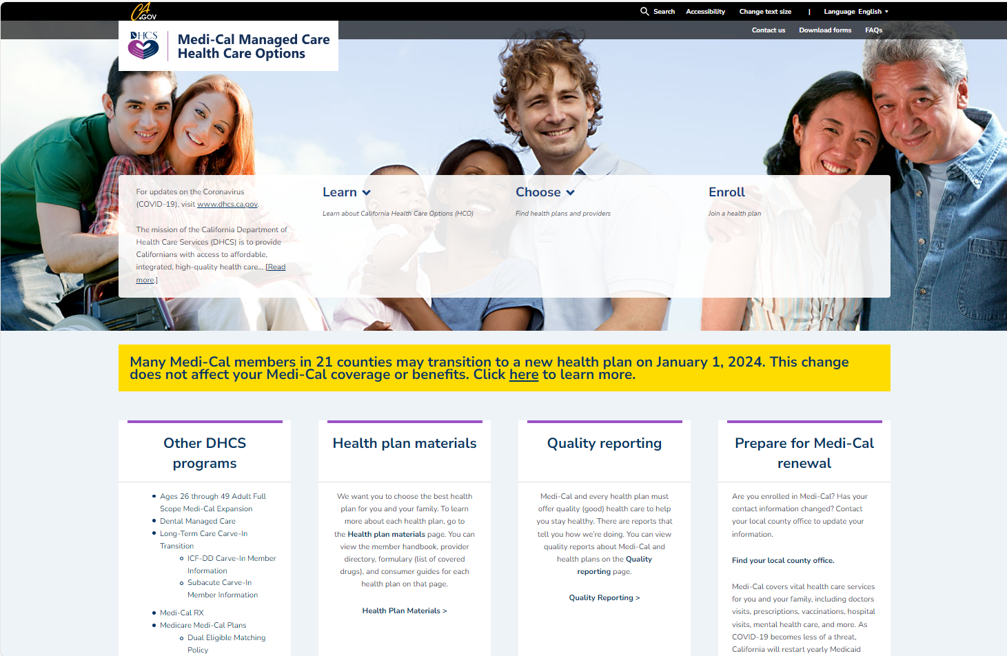 Screenshot of Medi-Cal Managed Care Health Care Options website where people go to learn, choose, and enroll in health care coverage.