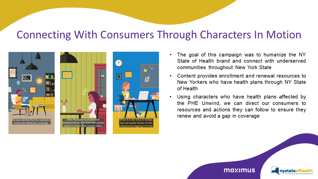 Connecting with consumers through characters in motion. Cartoons man and woman receiving renewal alerts at home. Cartoon woman renewing coverage on a laptop at work.