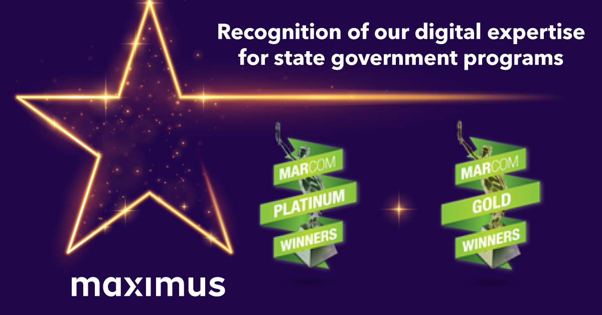 Recogniton of our digital expertise for state government programs. Shiny gold star outline against a purple background with the MarCom platinum and gold winner logos.