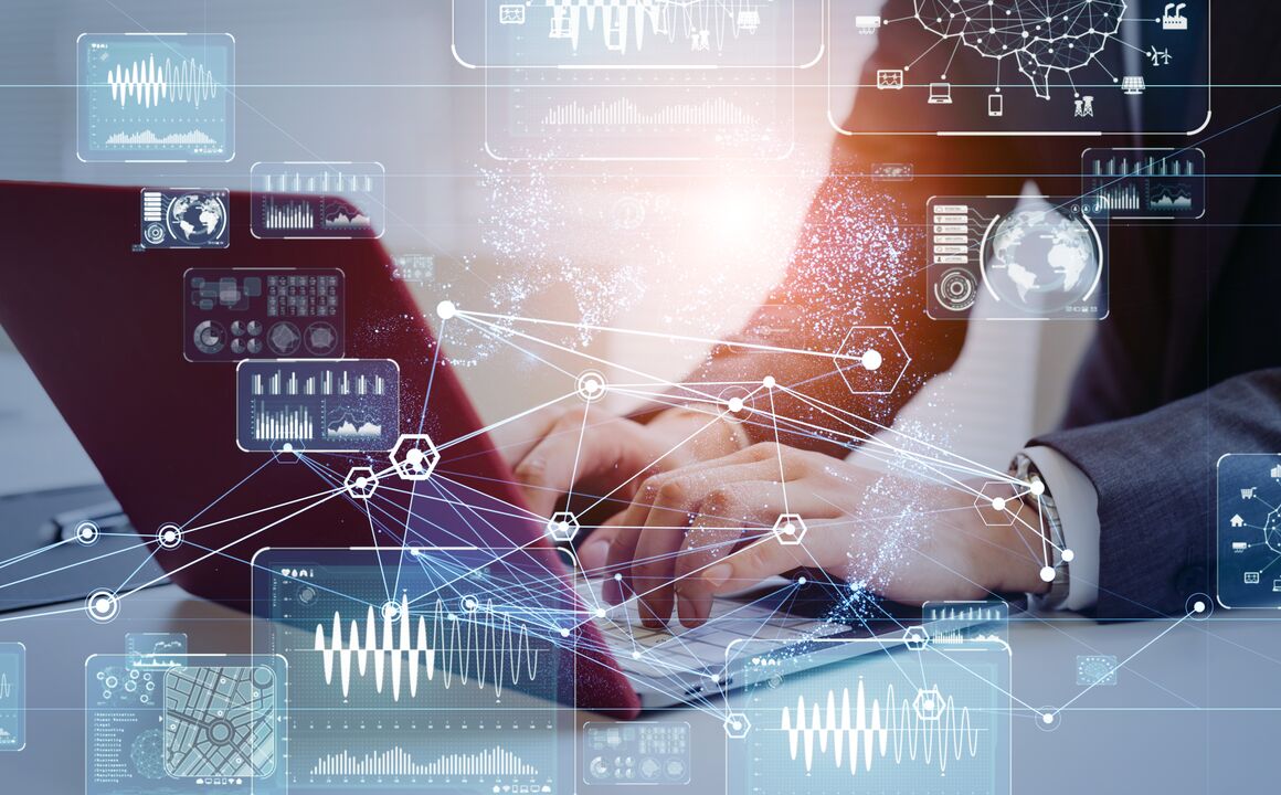 Physician uses laptop to check the status of his Medicaid provider enrollment request on Maximus Provider ConneXion. White images of screens and data points float around him.