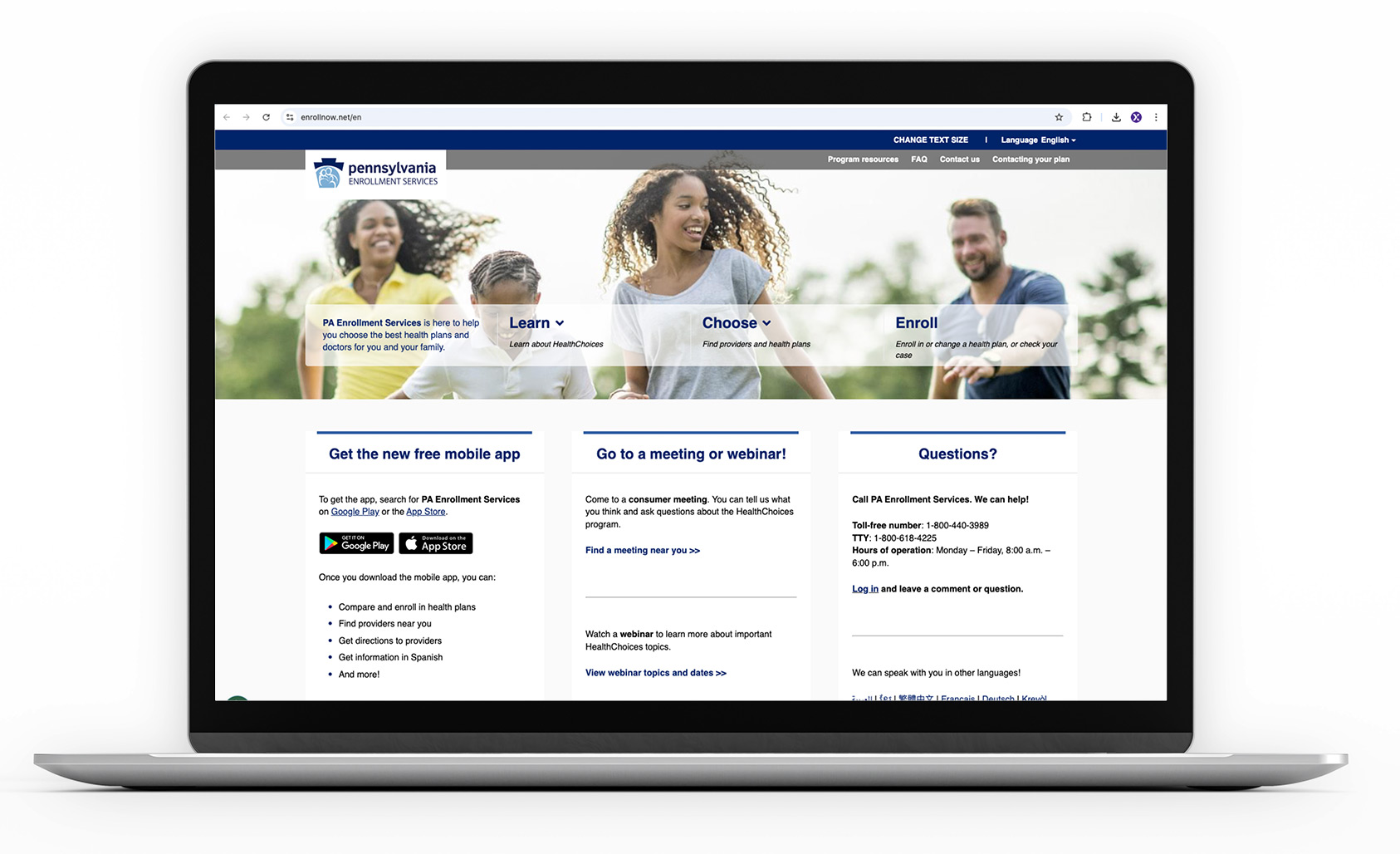 Screenshot of the Pennsylvania Enrollment Services website where people learn about, choose, and enroll in health plans.