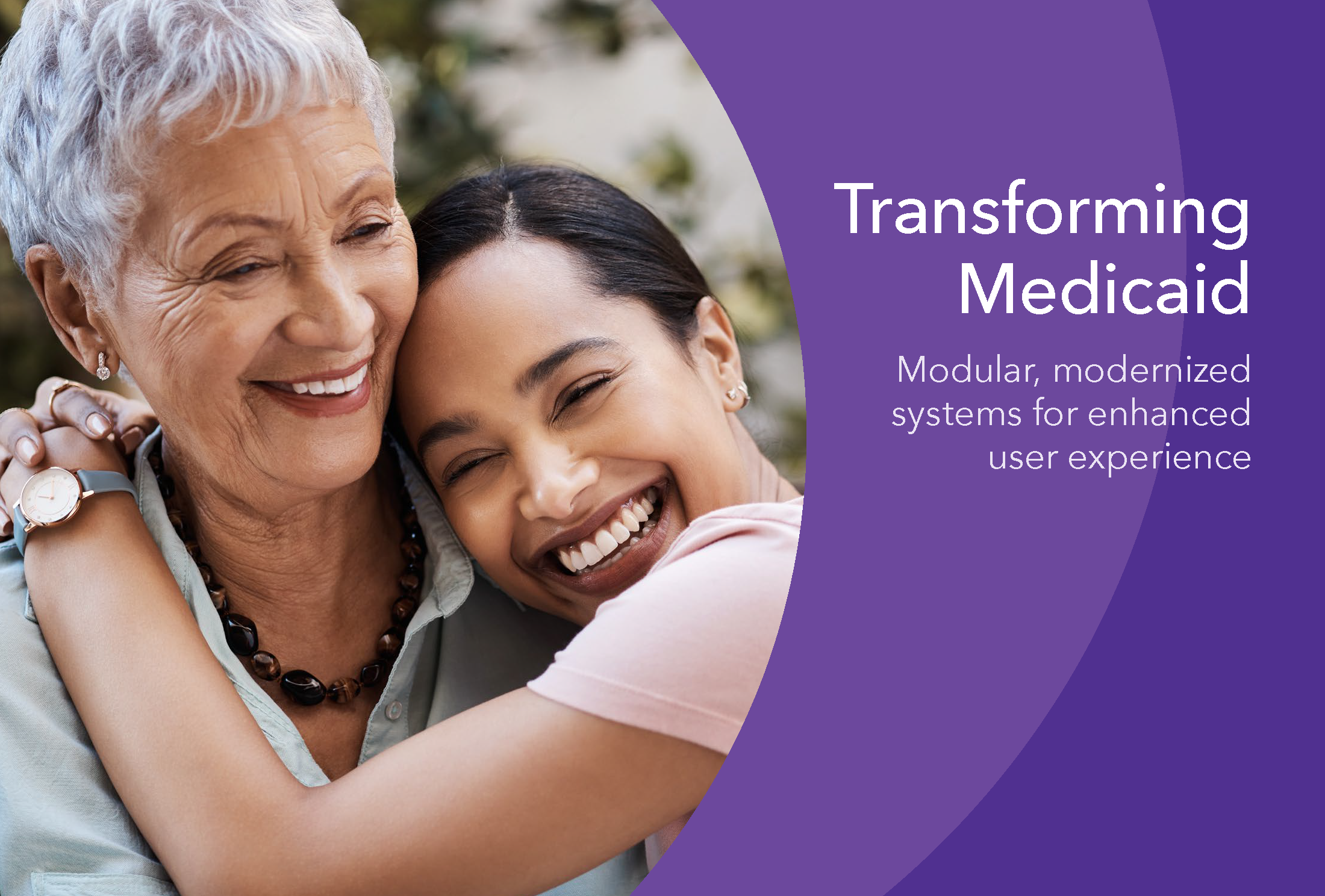 Smiling young adult woman wraps her arms around the neck of a smiling senior adult woman.