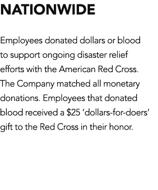 NATIONWIDE Employees donated dollars or blood to support ongoing disaster relief efforts with the American Red Cross    
