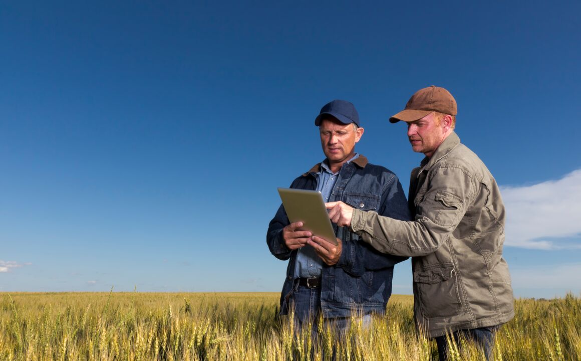 Image of two farmers looking a touchpad device