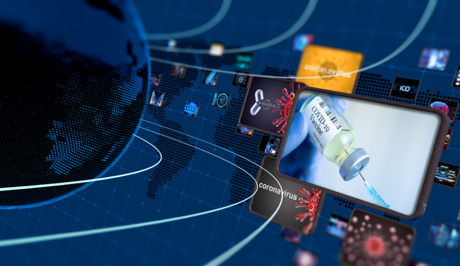 Image of a illustration depicting screens displaying COVID-related images in orbit around a digital Earth.