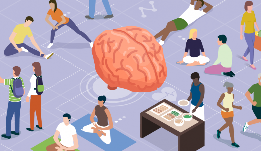 Image of a cartoon like brain surrounded by people daily activities. 