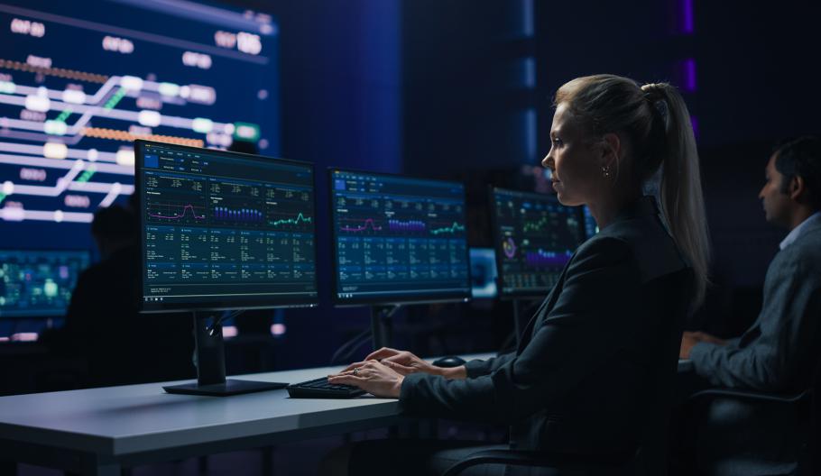 Image of a woman looking a two screen monitors