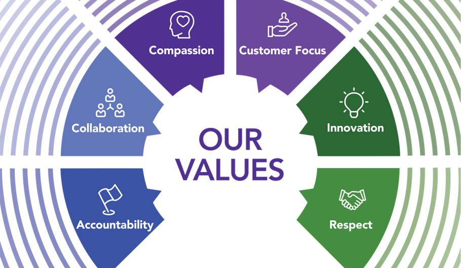 Accountability, Collaboration, Compassion, Customer Focus, Innovation, Respect