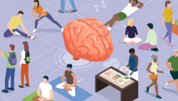 Image of a cartoon like brain surrounded by people daily activities. 